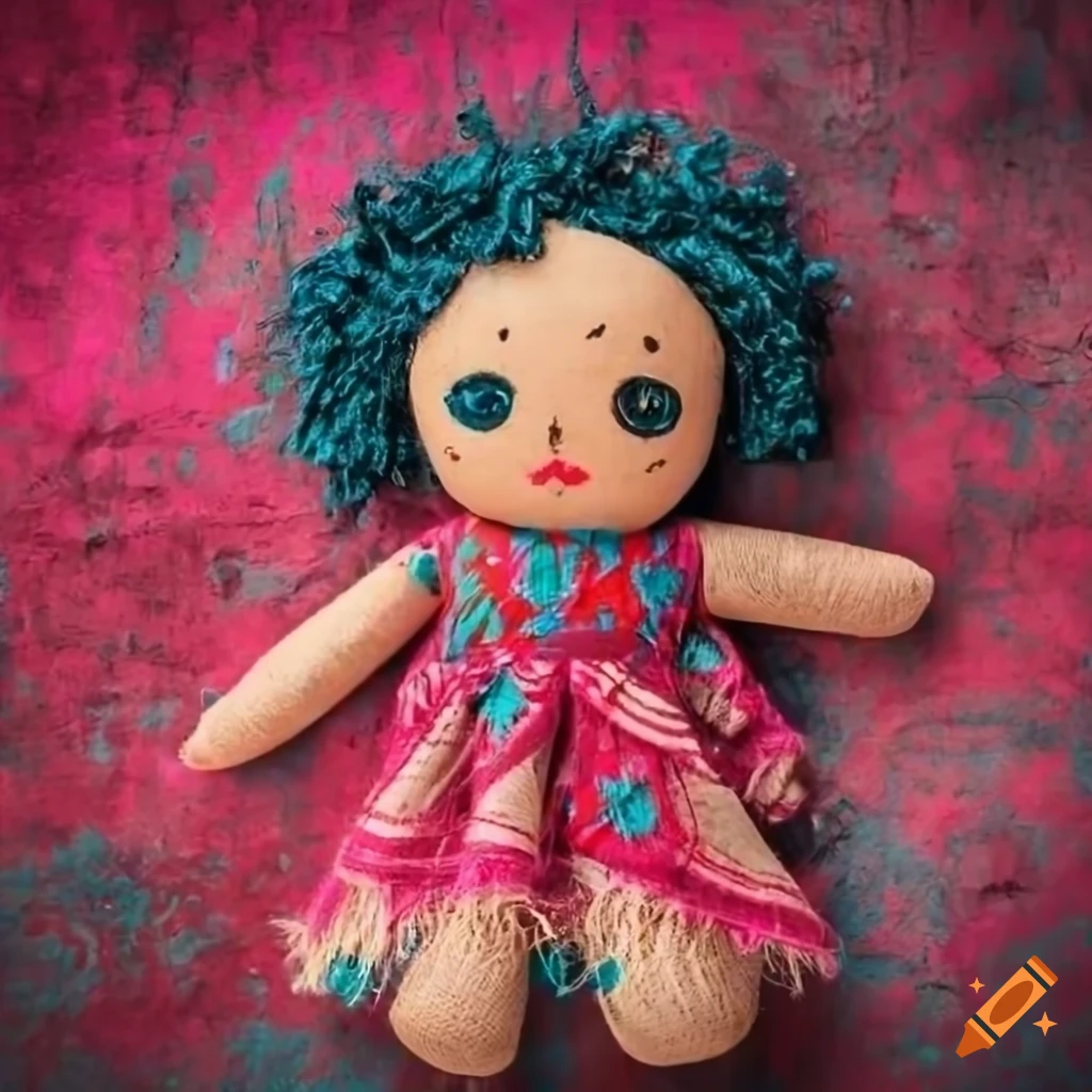 Colorful bohemian rag dolls on detailed concrete background