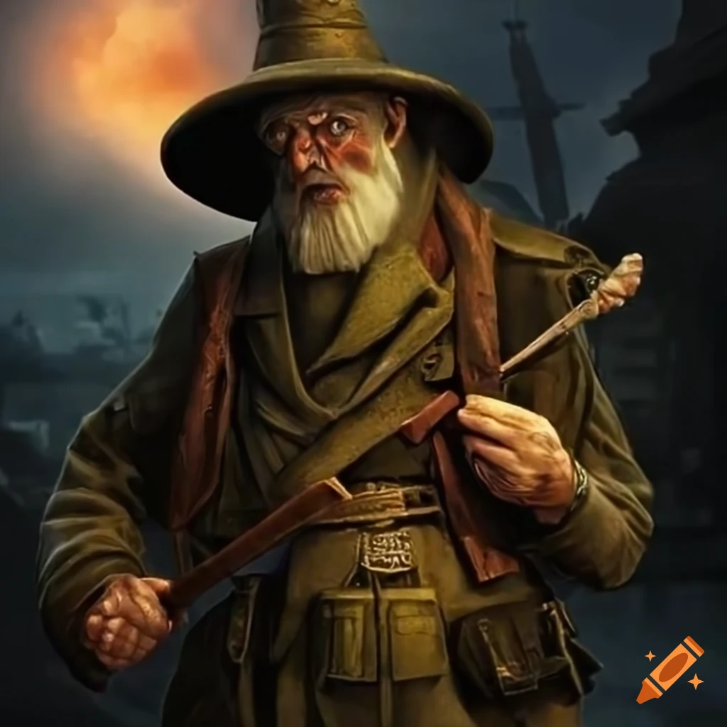 Wizard in a WW2 trench with a dieselpunk walking stick