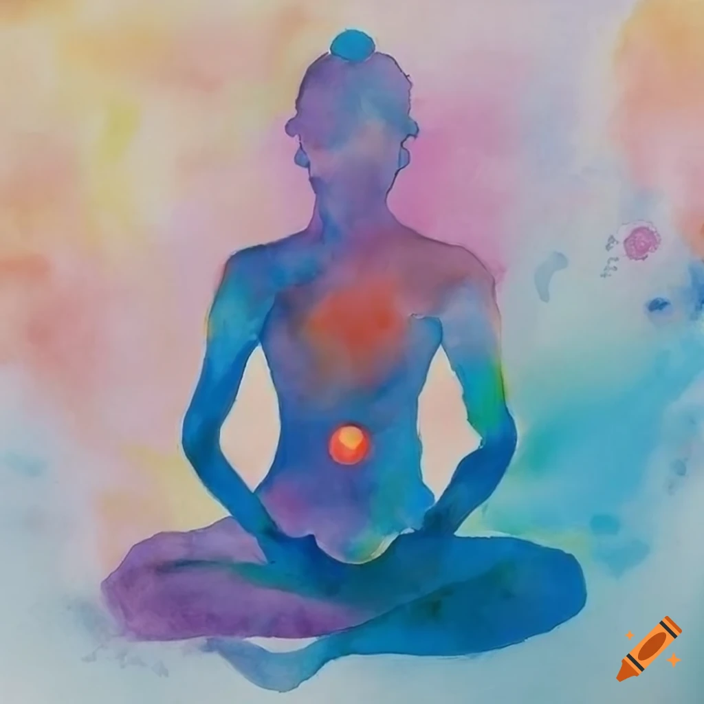 Meditating silhouette on textured watercolor paper with vibrant aura and painted chakras