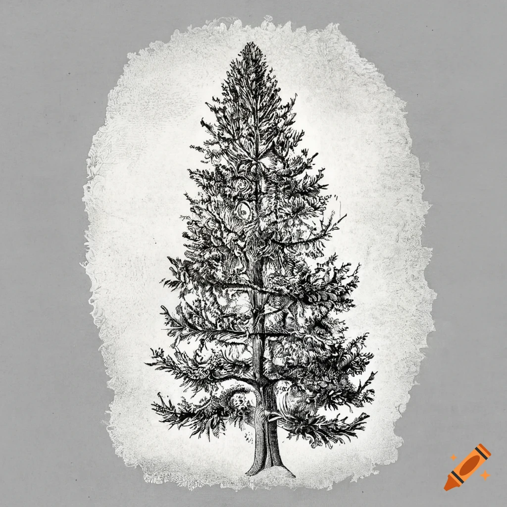 Detailed vintage botanical drawing of Cupressus arizonica tree in black and white