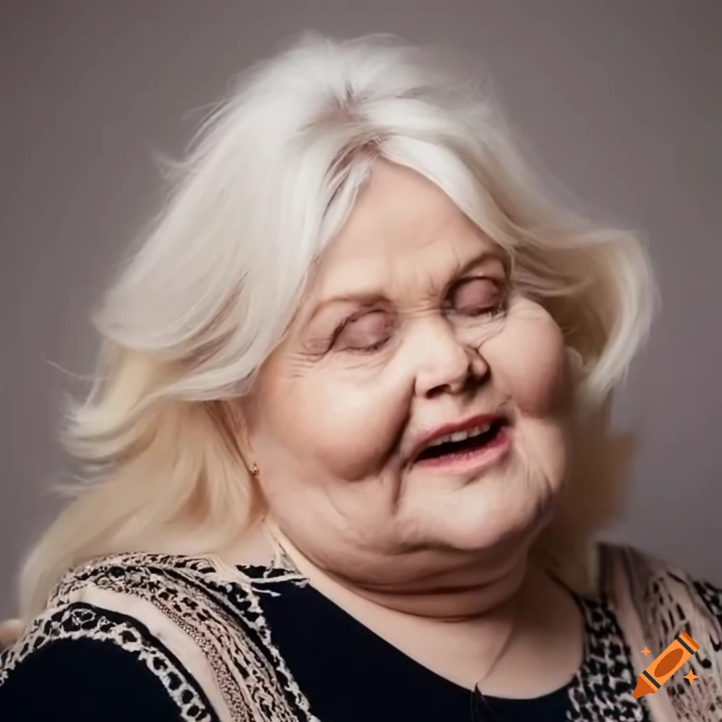 Smiling elderly woman with big cheeks and blonde hair
