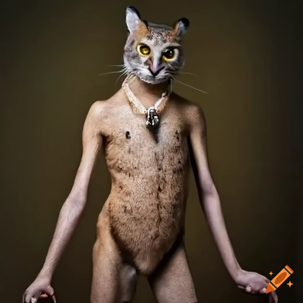 Unique animal hybrid in the rainforest with owl face, bobcat torso, kangaroo legs, and human arms holding a clock necklace