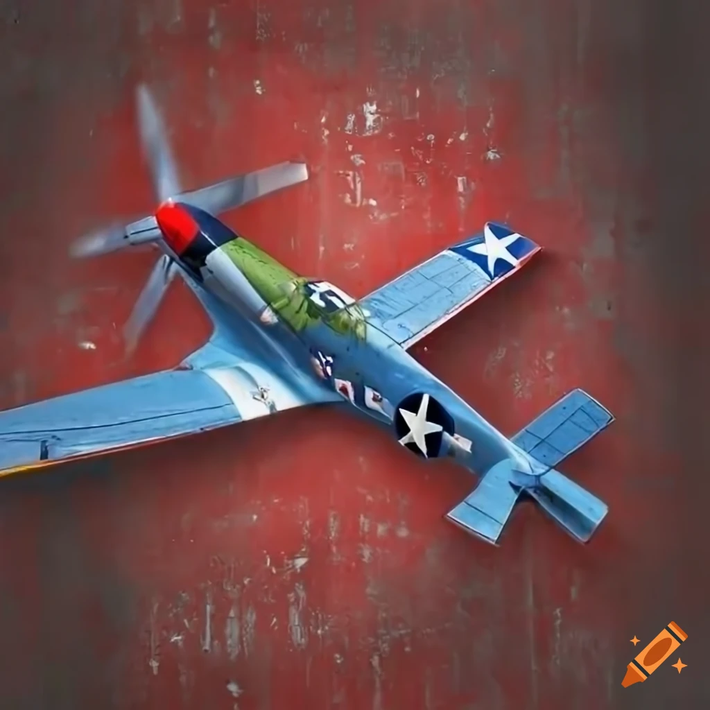 Blue P-51 WWII aircraft on a red waxed concrete background