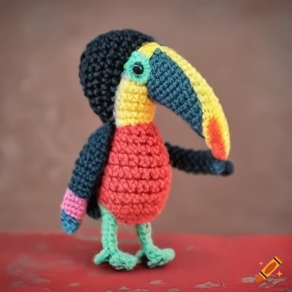 Toucan bird vintage amigurumi plush on detailed concrete background