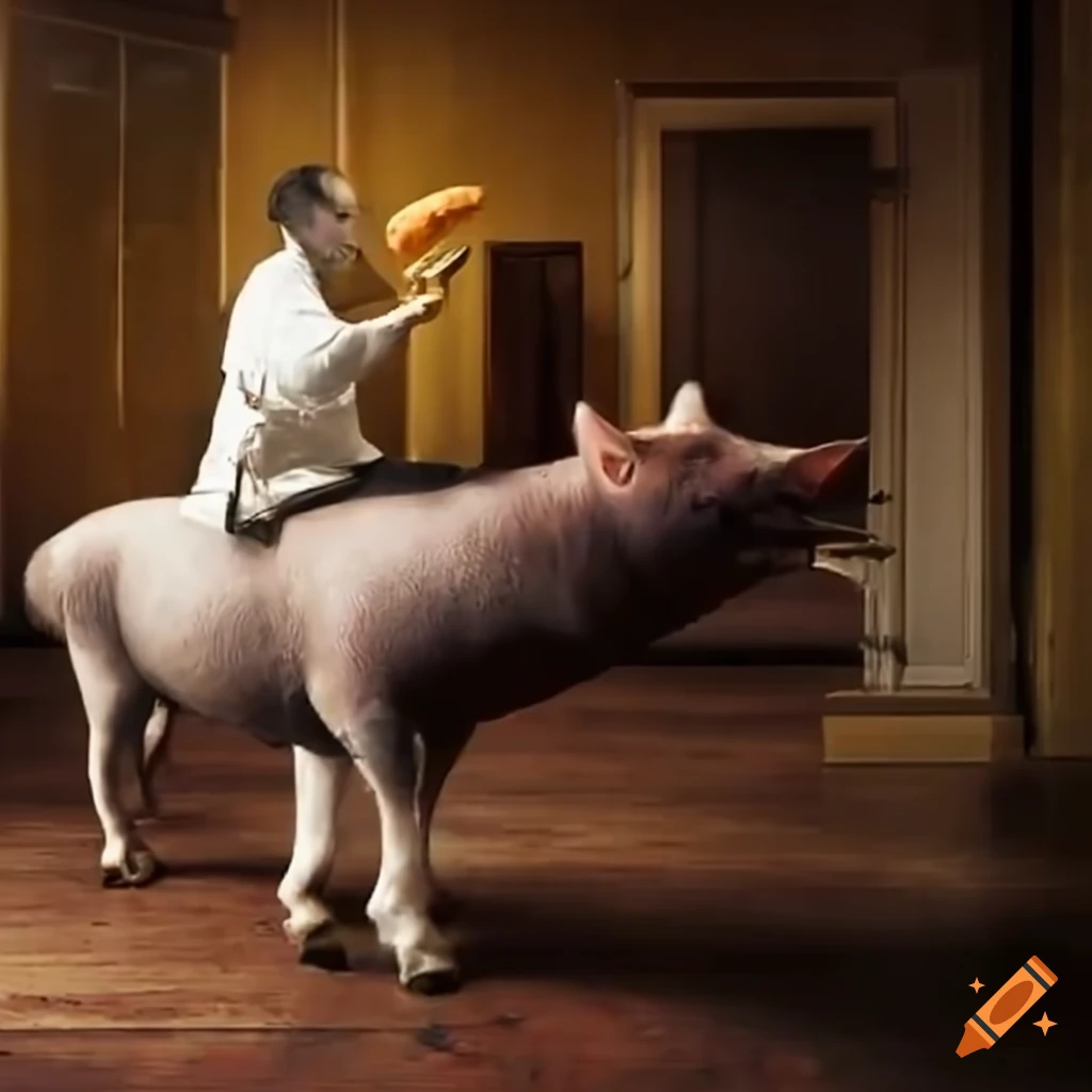 Waiter riding a pig with carrot on a stick serving food
