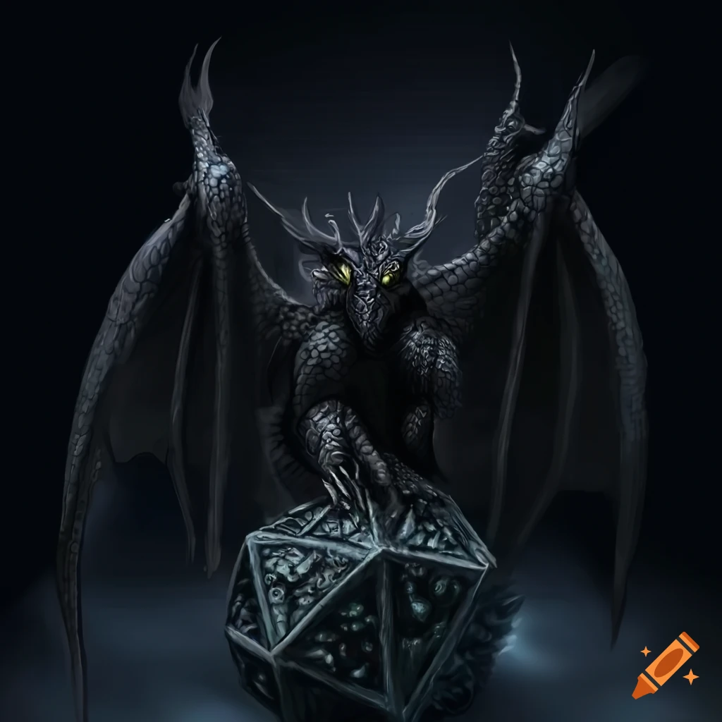 Black dragon on a d20 dice facing forward in a fantasy setting