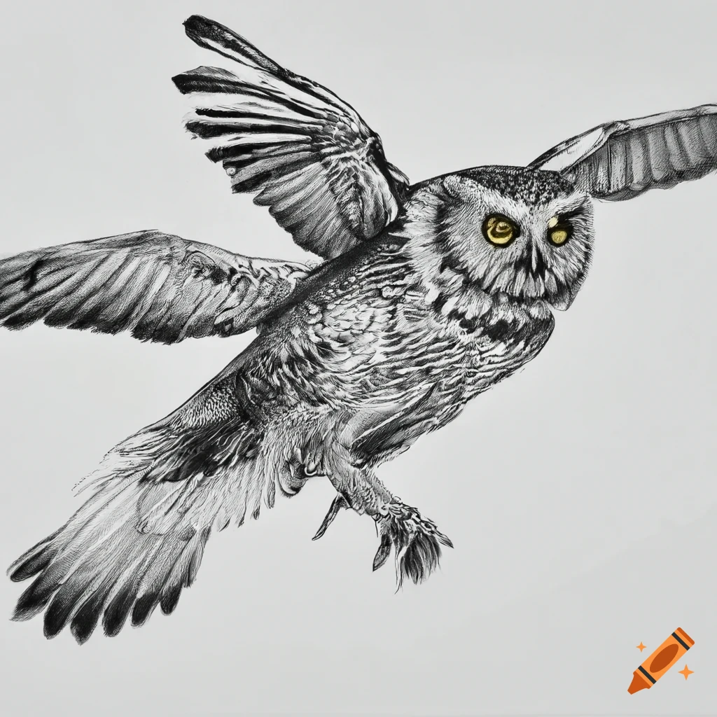 Owl in flight with an iris flower in black and white art