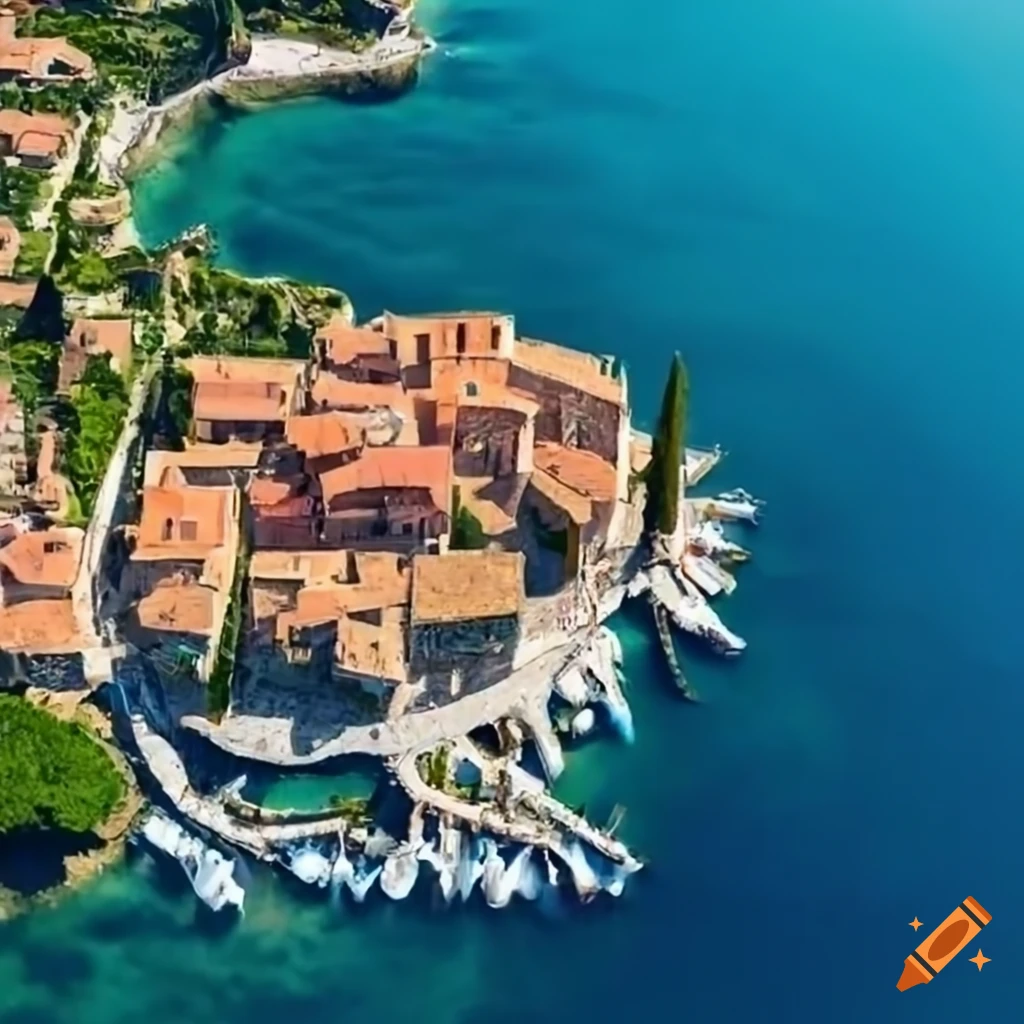 Satellite view of a Mediterranean medieval village with a port