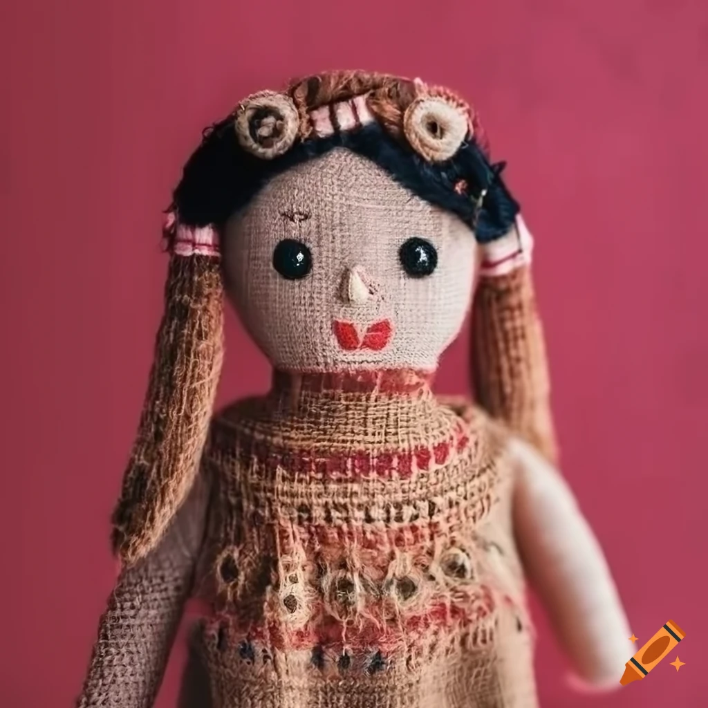 Colorful rag dolls on red pink concrete background