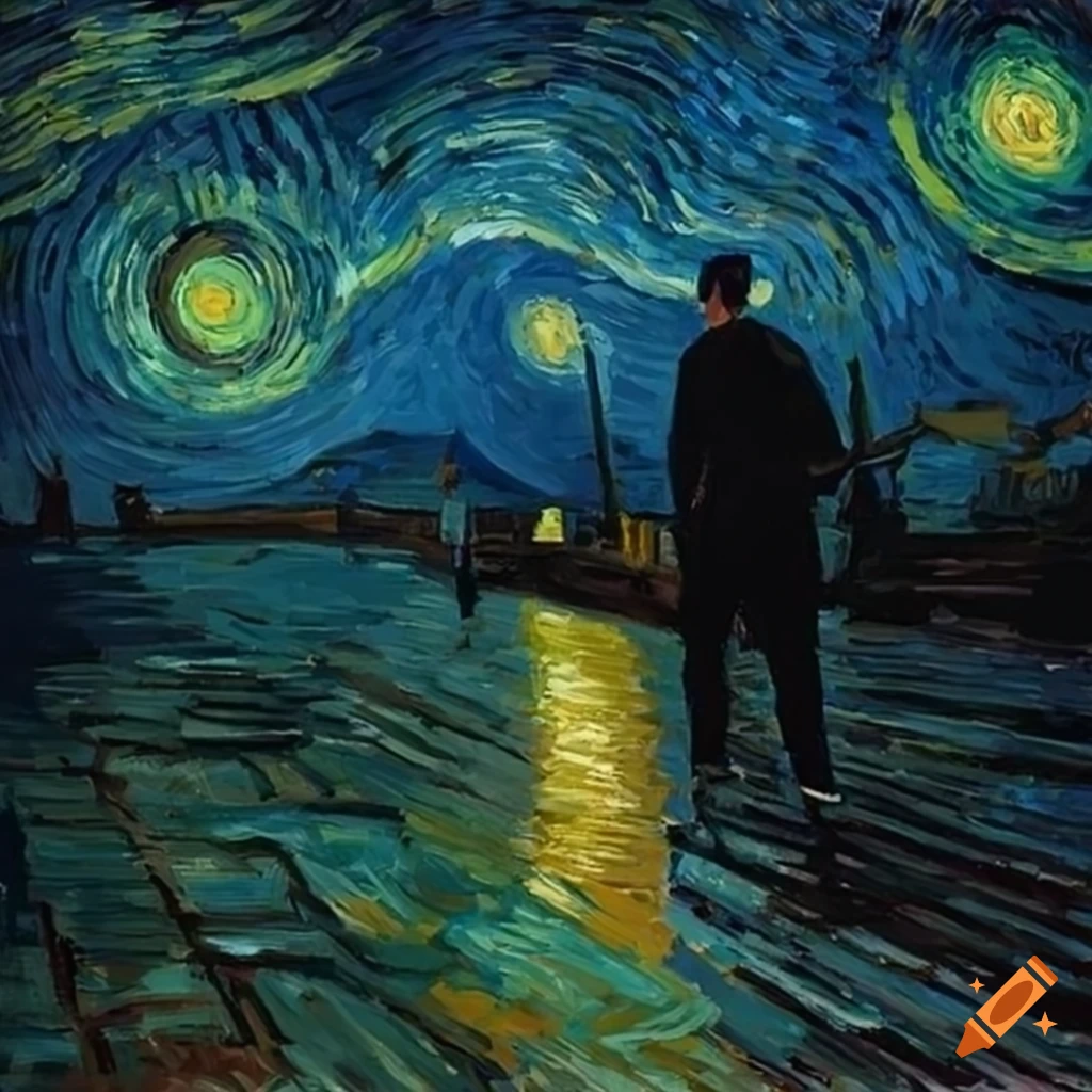 Lonely man walking under the stars in a van Gogh style painting