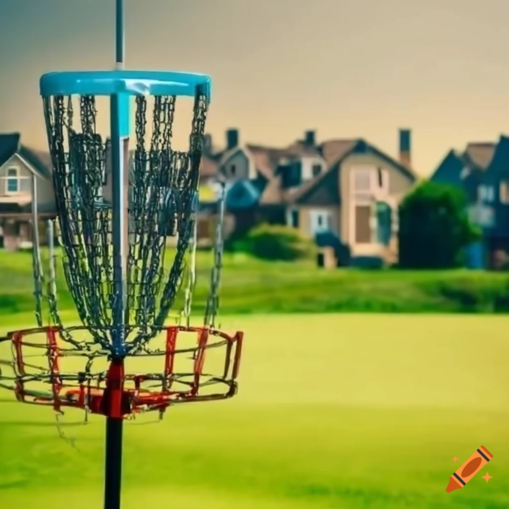 Disc golf basket on fairway with houses in background and beer in foreground