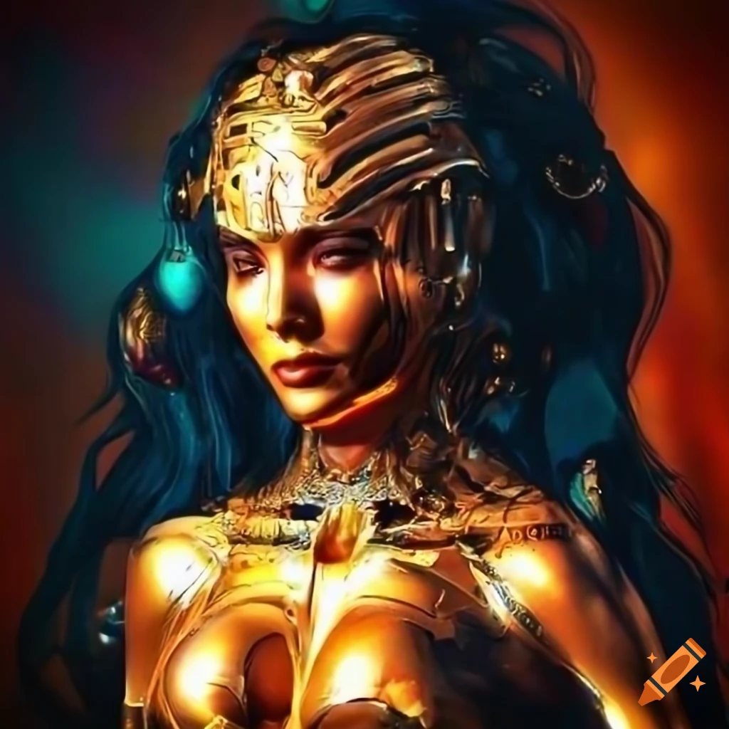 Egyptian goddess with futuristic cyborg elements and amber gems
