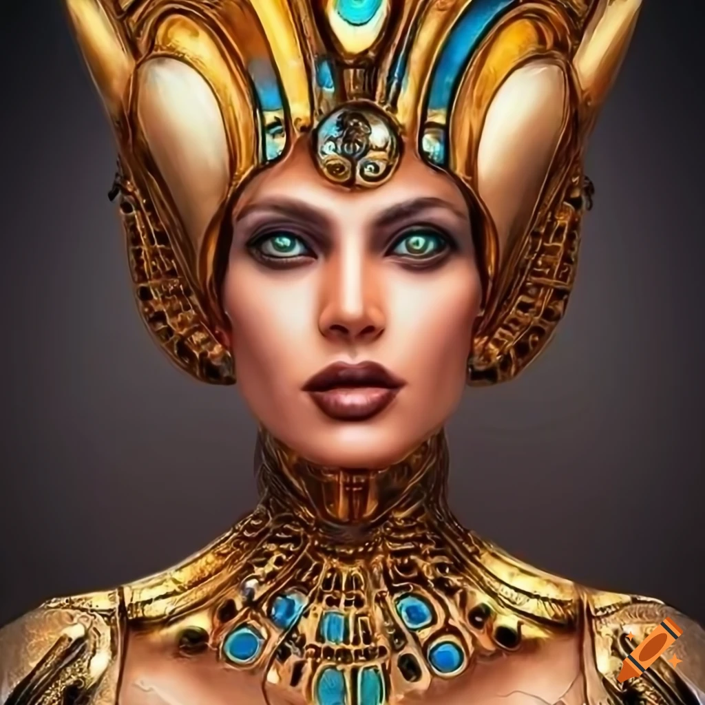 Egyptian Menhit goddess with futuristic metal enhancements in a ...