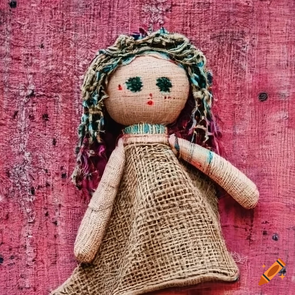 Colorful rag dolls on red pink concrete background