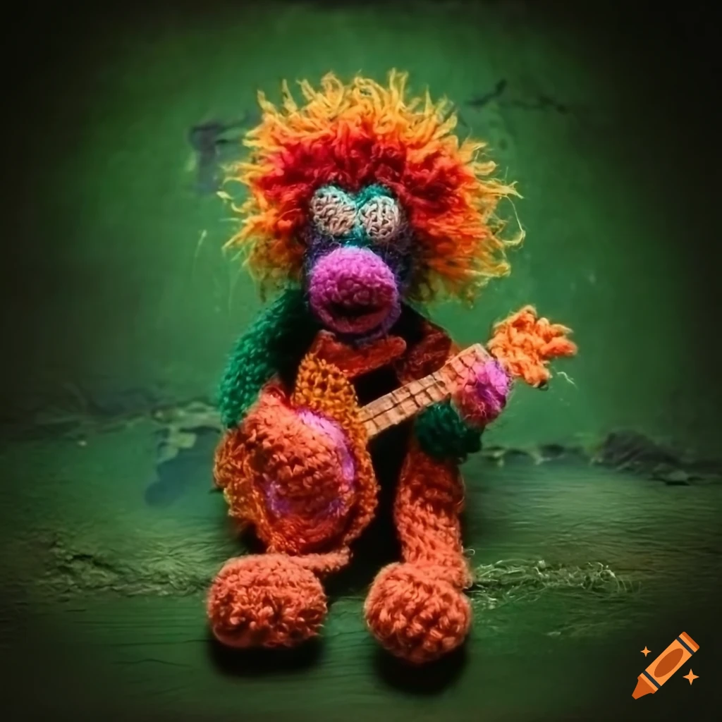 Fraggle Rock muppets crochet plush rock band with Australian Aboriginal art on green concrete background