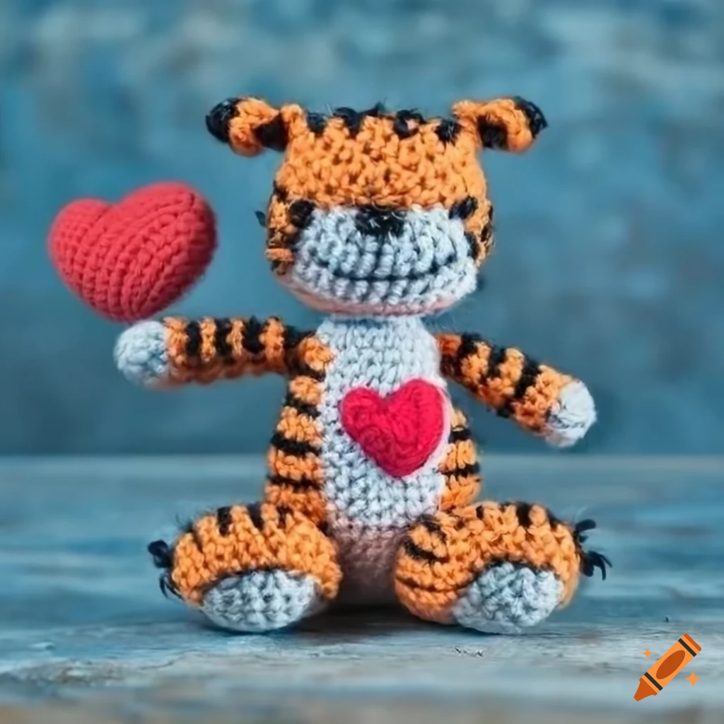 Fluffy Hobbes amigurumi with a big red heart on a blue waxed background