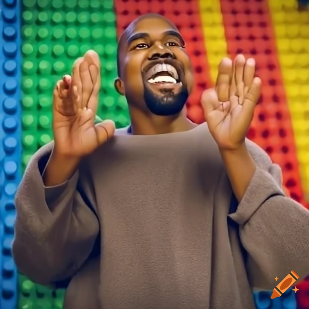 Kanye West playing with Lego in a colorful classroom setting