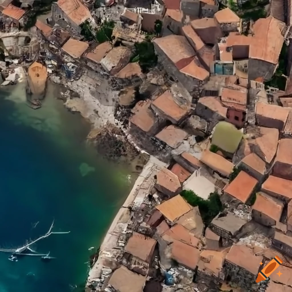 Satellite view of a Mediterranean medieval village with a port