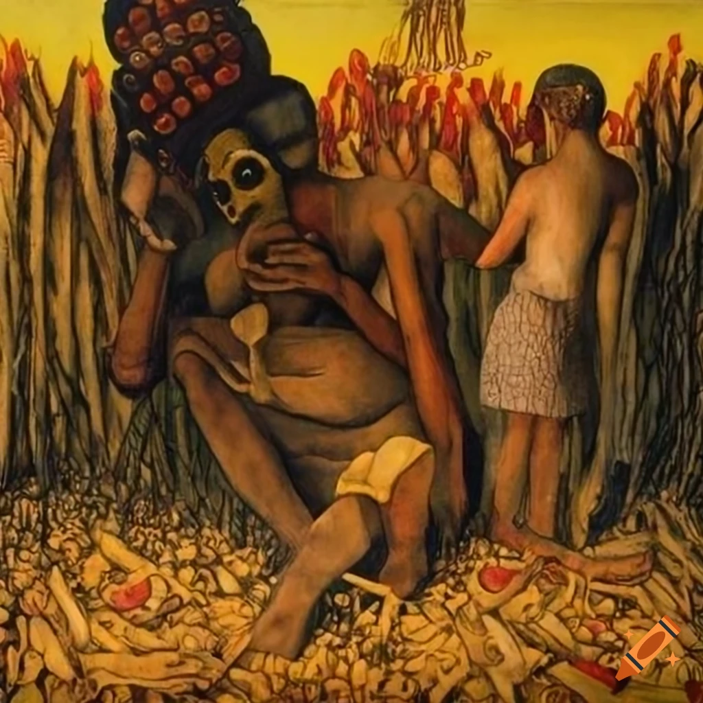 Santa Muerte Voodoo Loa figures harvesting a cornfield in a panoramic view