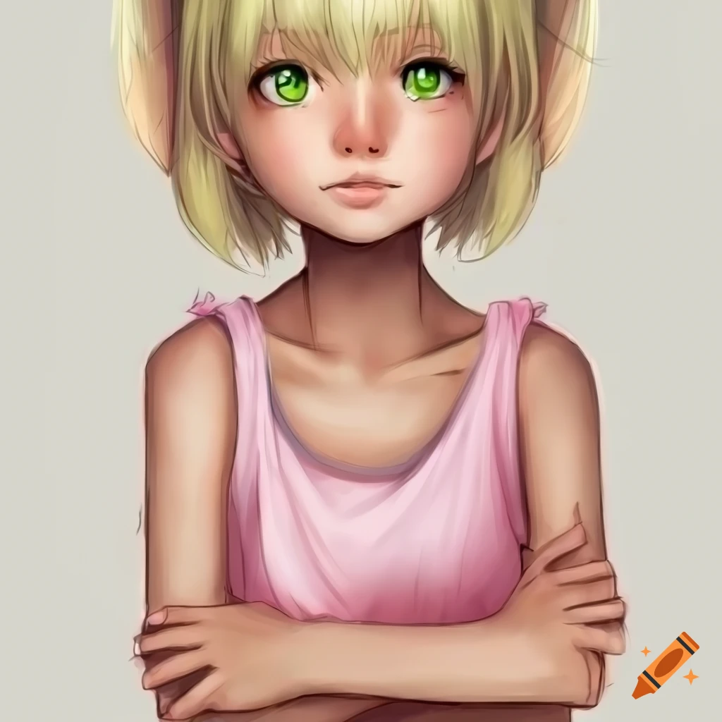 Anime girl with blonde hair, green eyes, crossing arms in a pink t