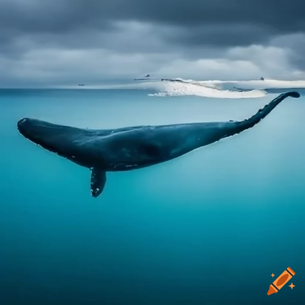 Humpback whale's raised tail in the clear blue ocean under an ominous sky