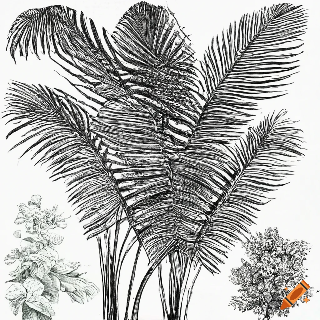 Intricate Dypsis lutescens palm plant in vintage botanical style