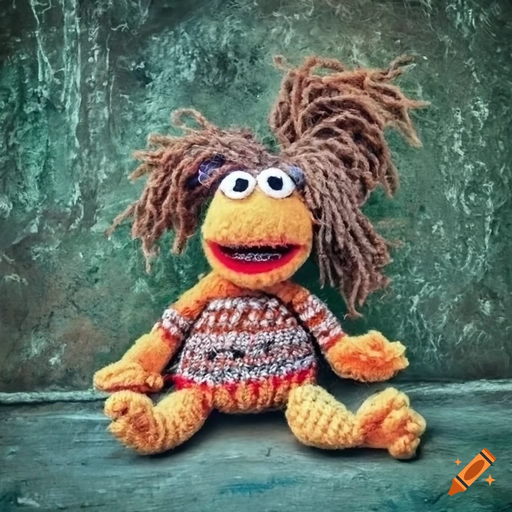 Fraggle Rock muppets crochet plush on a green concrete background