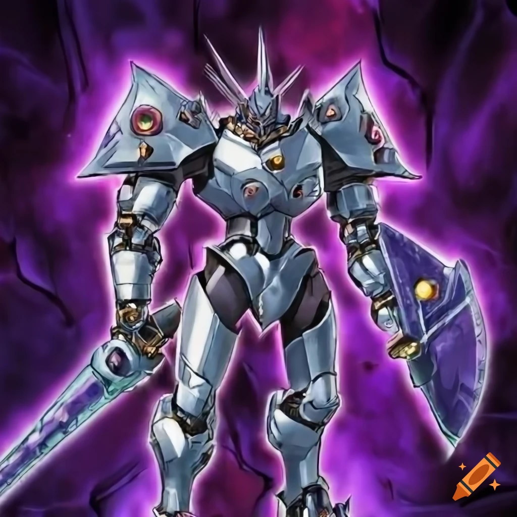 Yu-Gi-Oh card art of a giant mech knight in dynamic action pose