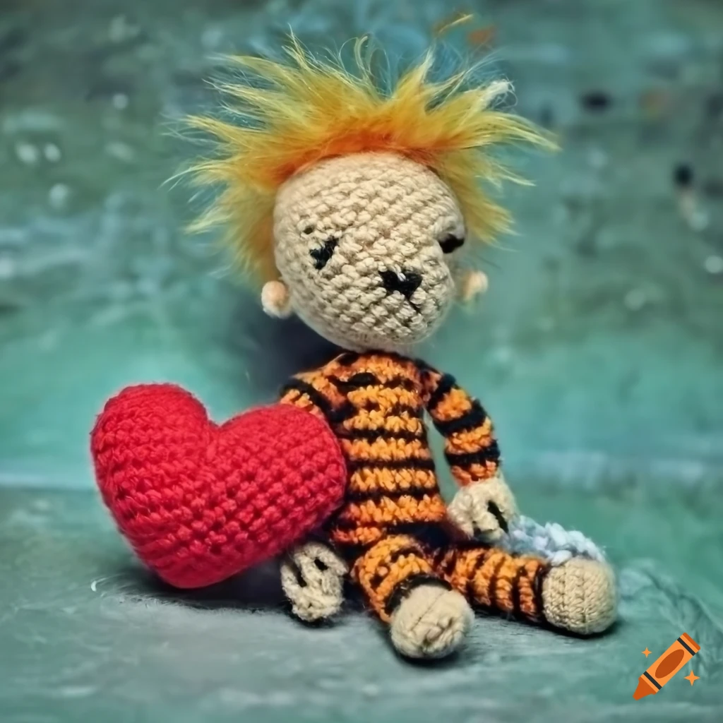 Fluffy Calvin peluche vintage amigurumi with a big red heart on a green concrete background