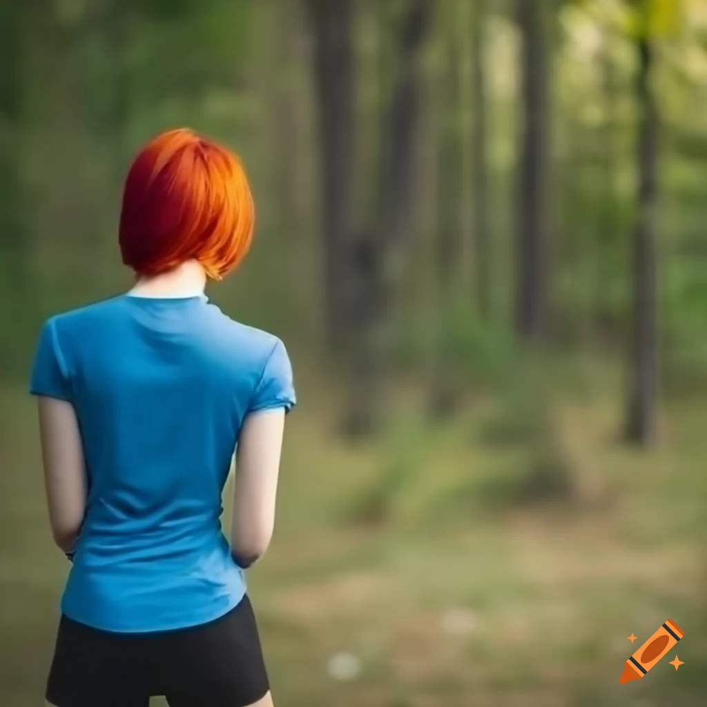 Girl with red short hair in black shorts and blue t-shirt