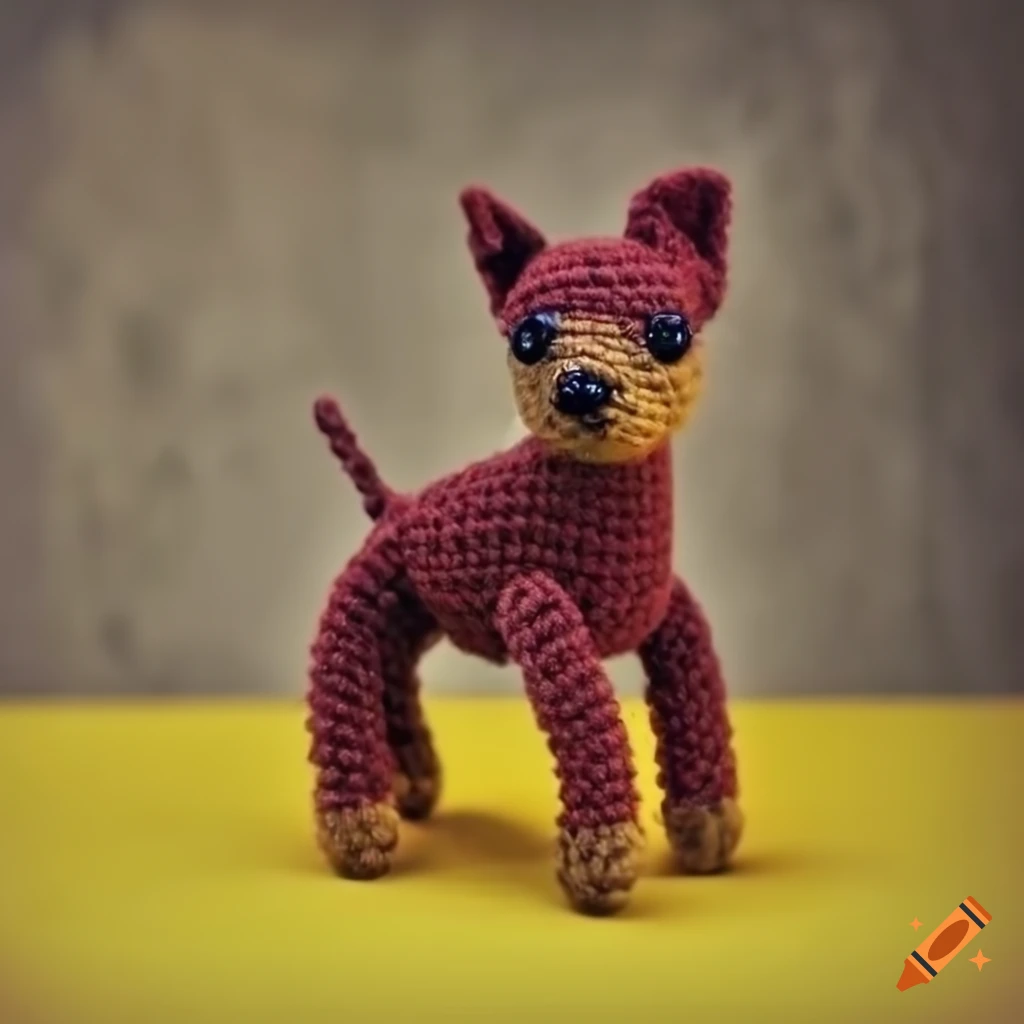 Miniature Pinscher dog breed amigurumi plush on yellow concrete background