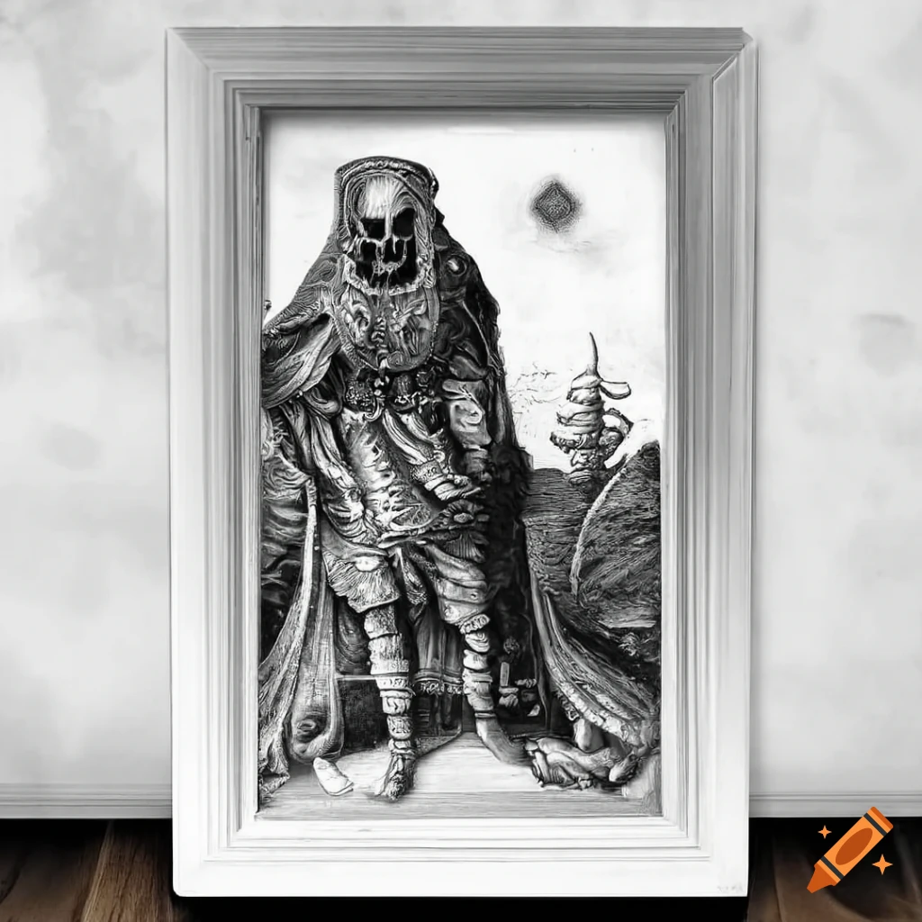 Gloomy medieval art with creepy undead in pencil drawing style