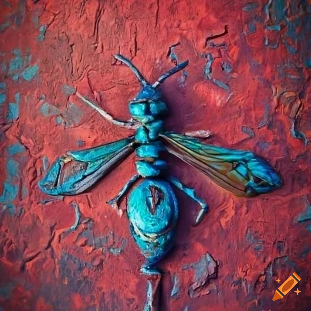 Blue wasp on red waxed concrete background with Bali primitive art craft tribal carved vintage wood paint