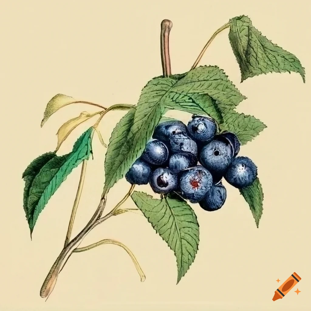 Vintage illustration of Viburnum dentatum blue berries in botanical drawing style