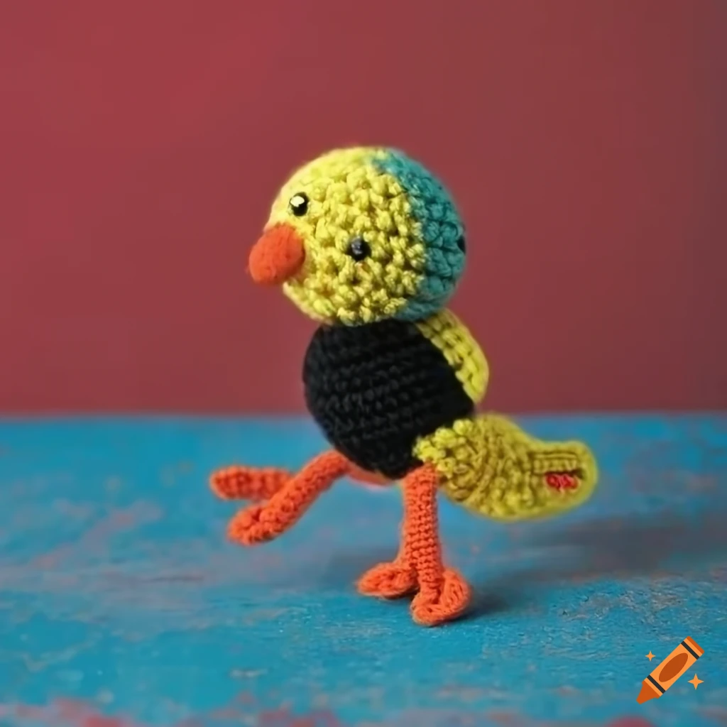 Yellow and black bird amigurumi doll on a vintage style background