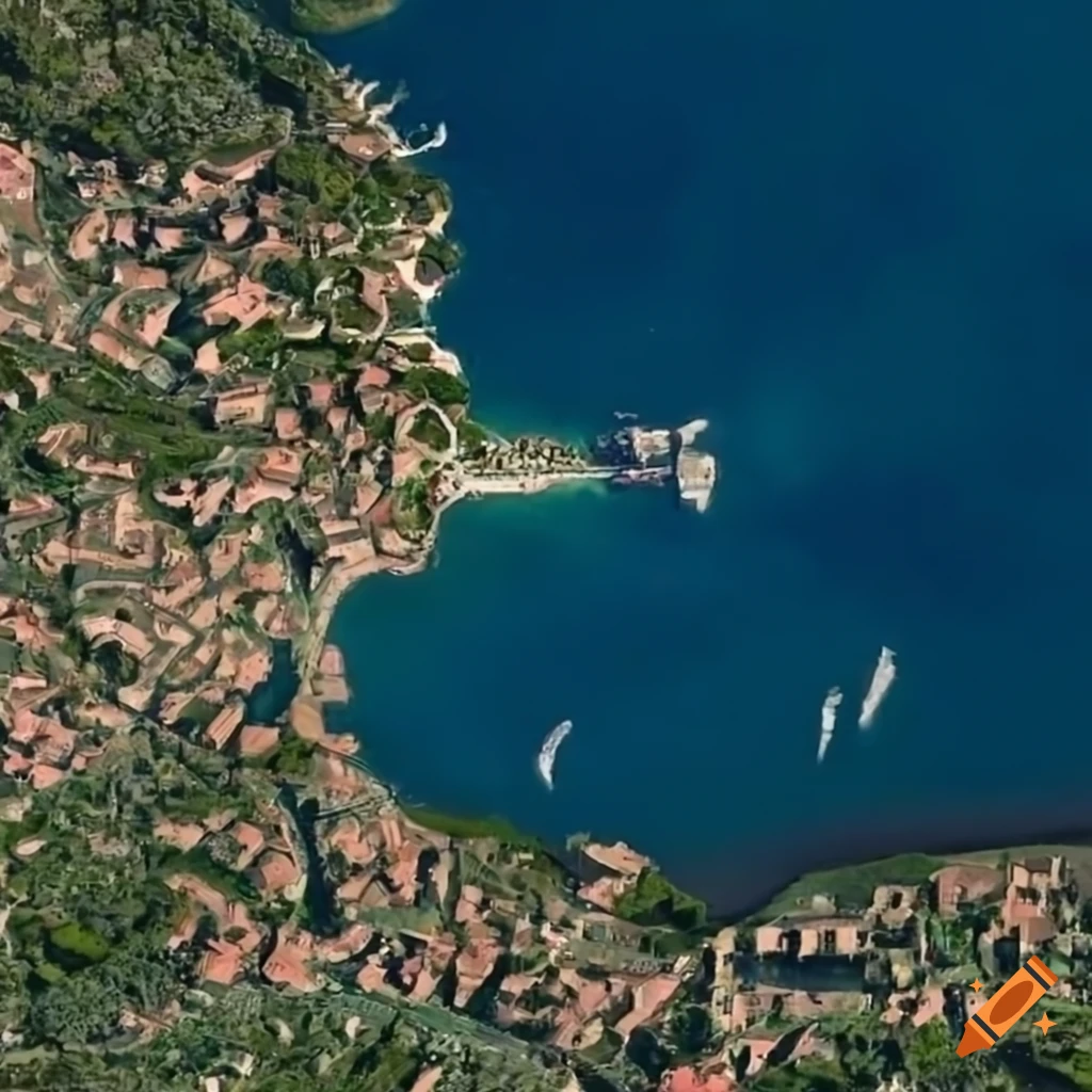 Satellite view of a Mediterranean medieval village with a port