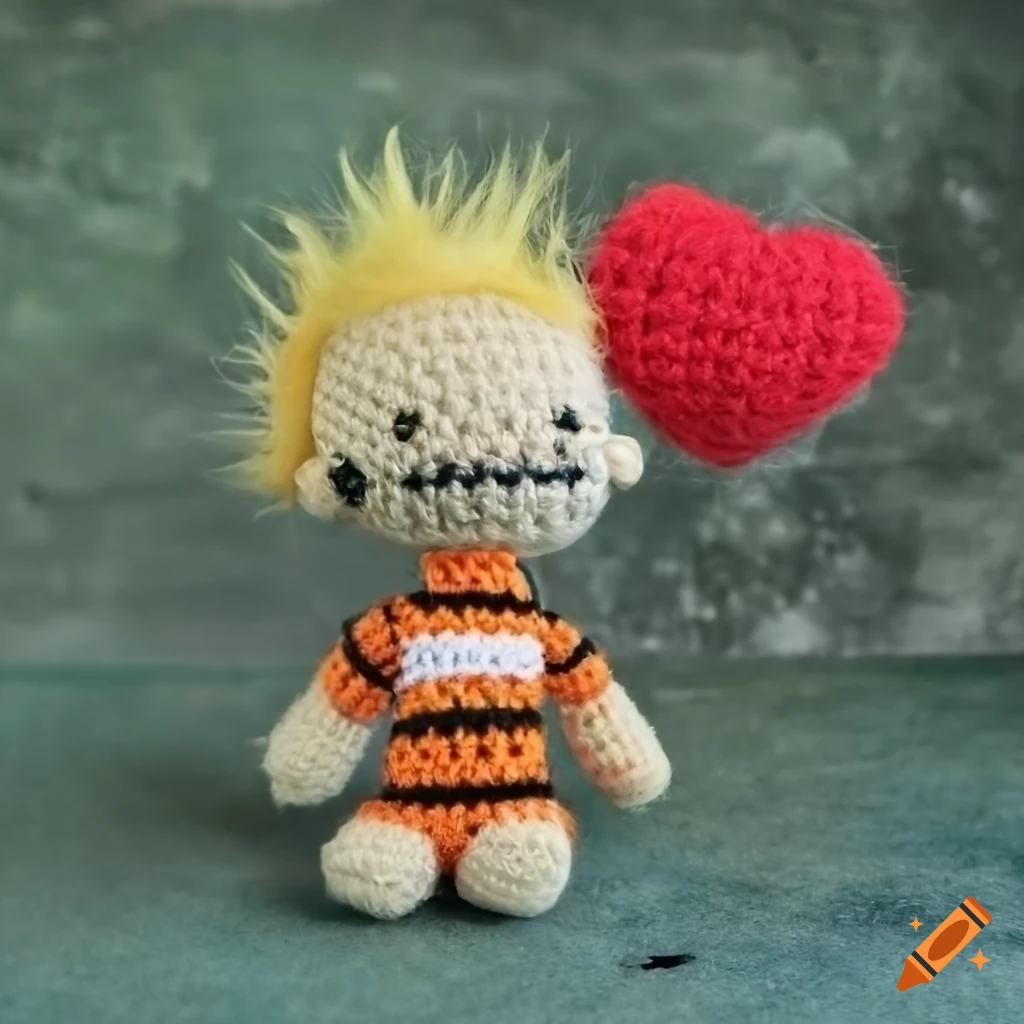 Fluffy Calvin amigurumi with a big red heart on a green concrete background
