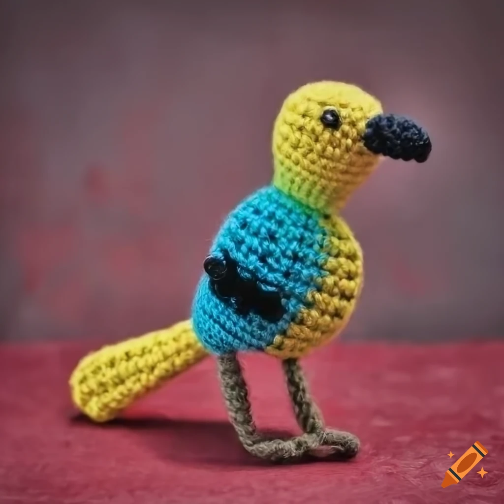 Cute Black-headed oriole bird amigurumi doll plush on red blue concrete background