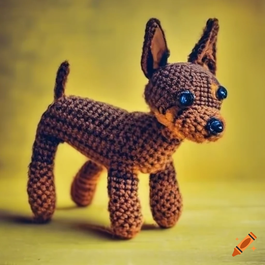 Miniature Pinscher dog breed amigurumi plush toy on yellow concrete background