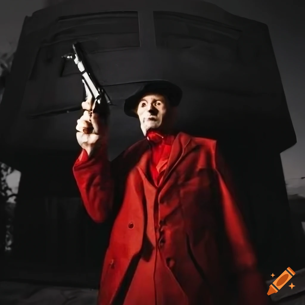 Vintage noir mafia man in jacket and red tie with a gun