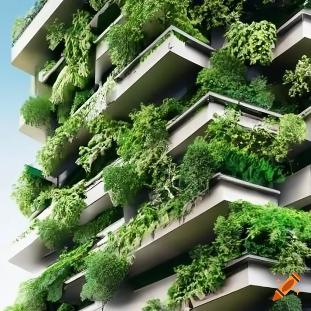 Modern sustainable building facade with vertical garden