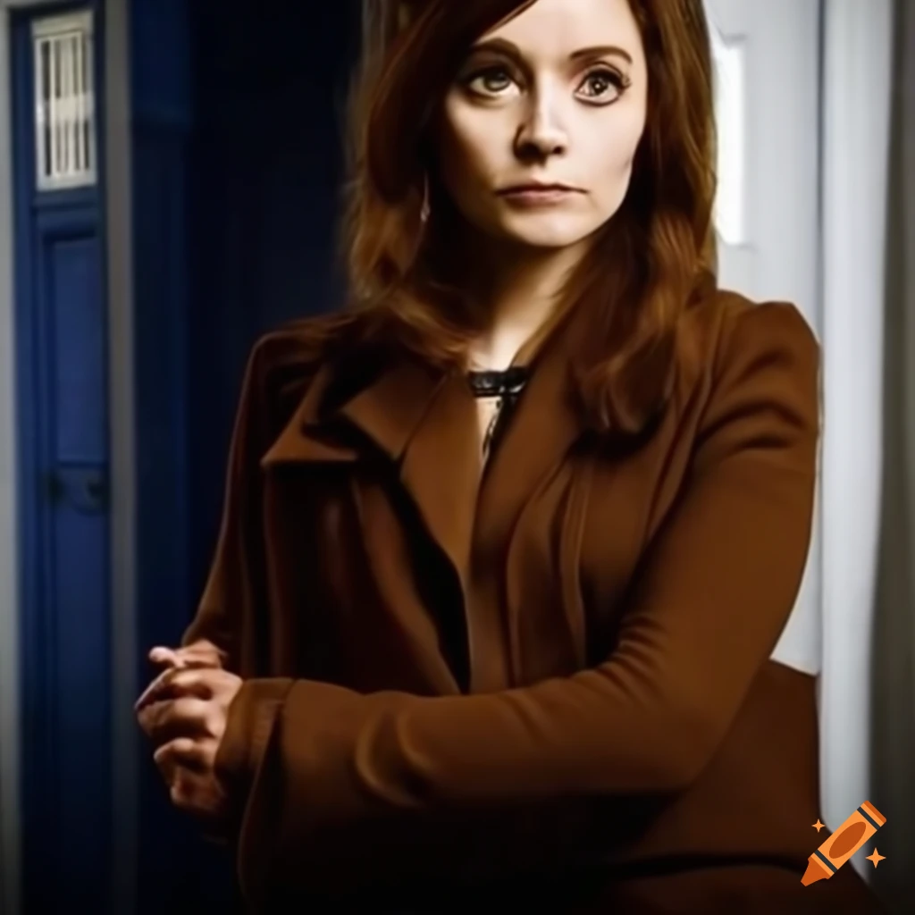 Doctor Who companion Nerine Storm Thompson posing beside the TARDIS