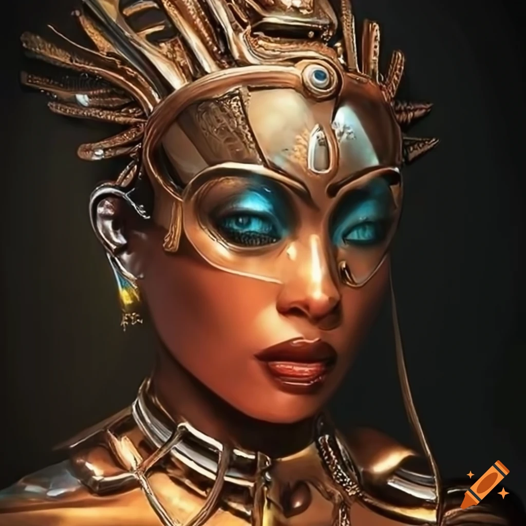 Egyptian menhit goddess with futuristic metal enhancements in a ...