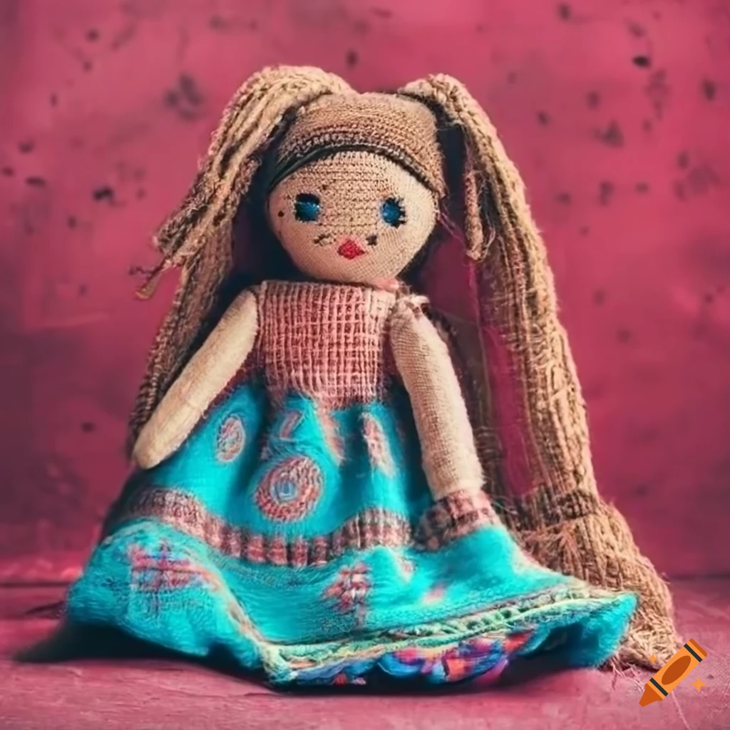 Cute rag dolls on colorful fabric against a concrete background