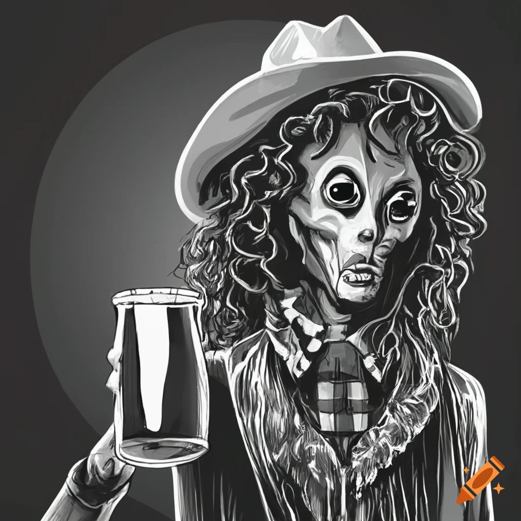 Alien cowboy with long curly hair enjoying a beer