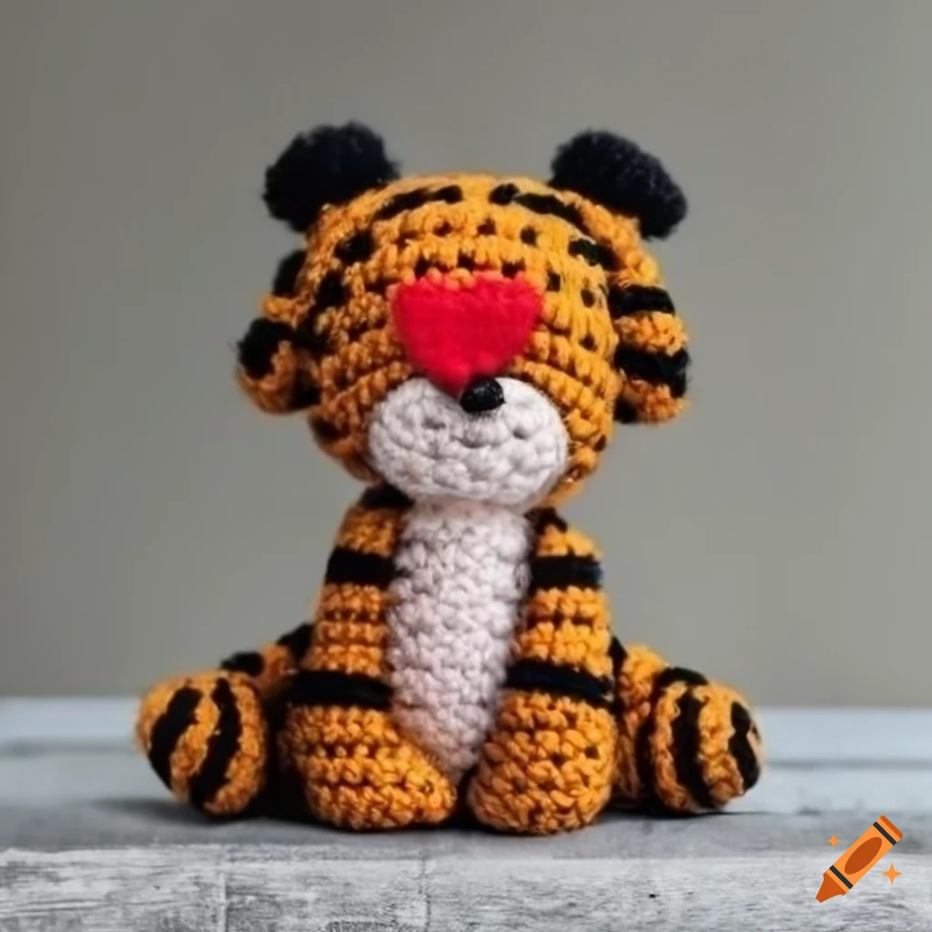 Fluffy Hobbes peluche vintage amigurumi soft toy plush with heart on colorful concrete background