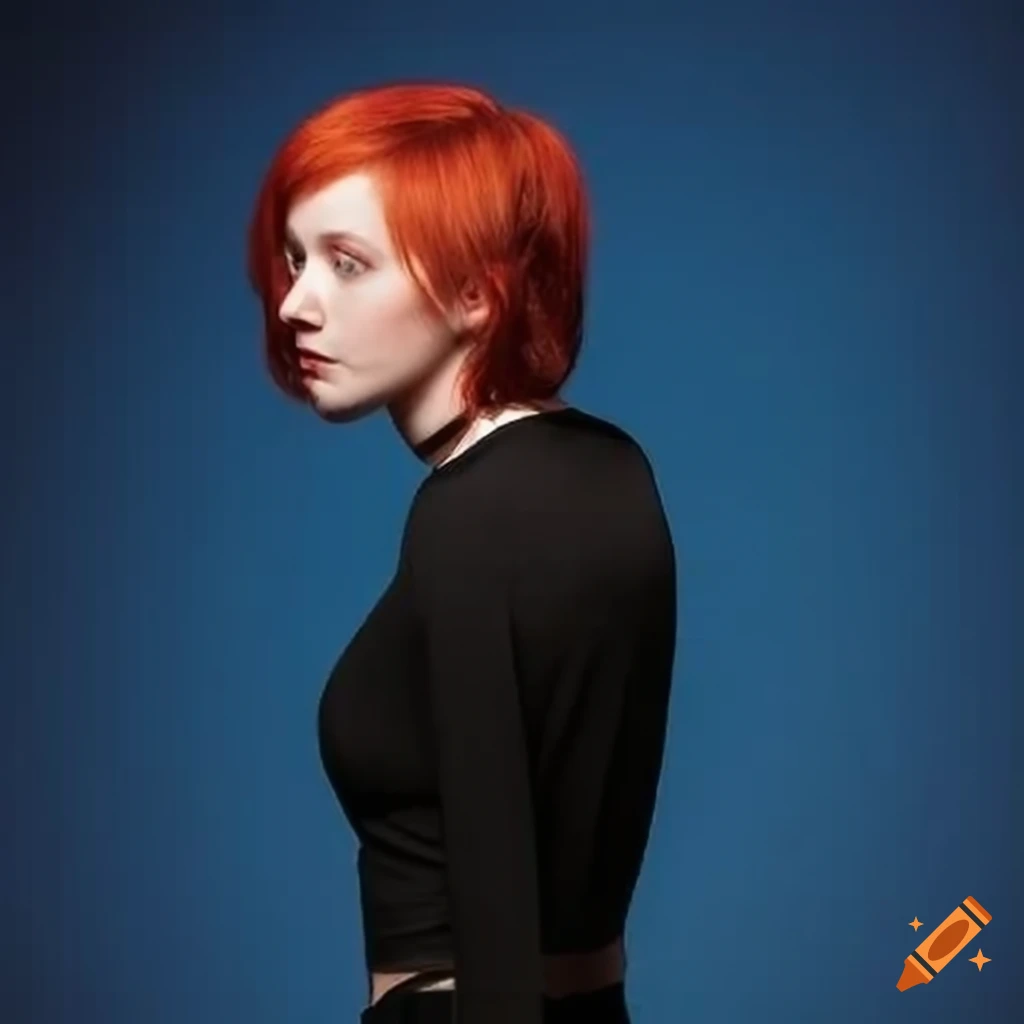 Girl with red short hair in black skirt and blue t-shirt