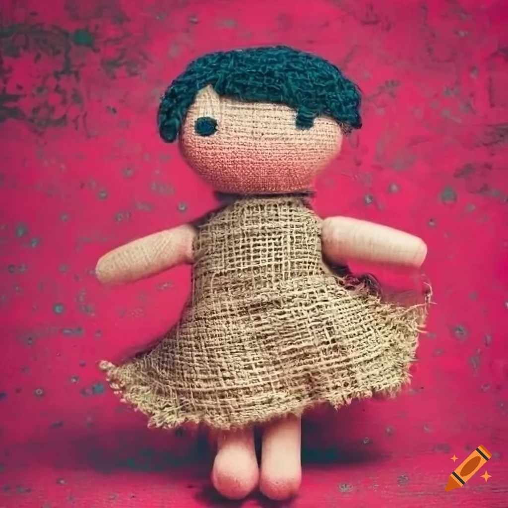 Colorful rag dolls on red pink concrete background