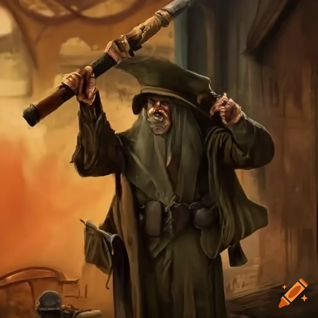 Wizard in a WW2 trench with a dieselpunk walking stick