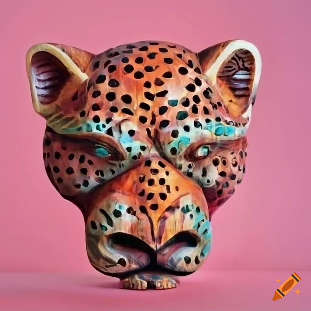 Wood carved jaguar on vivid pink background in Bali art style